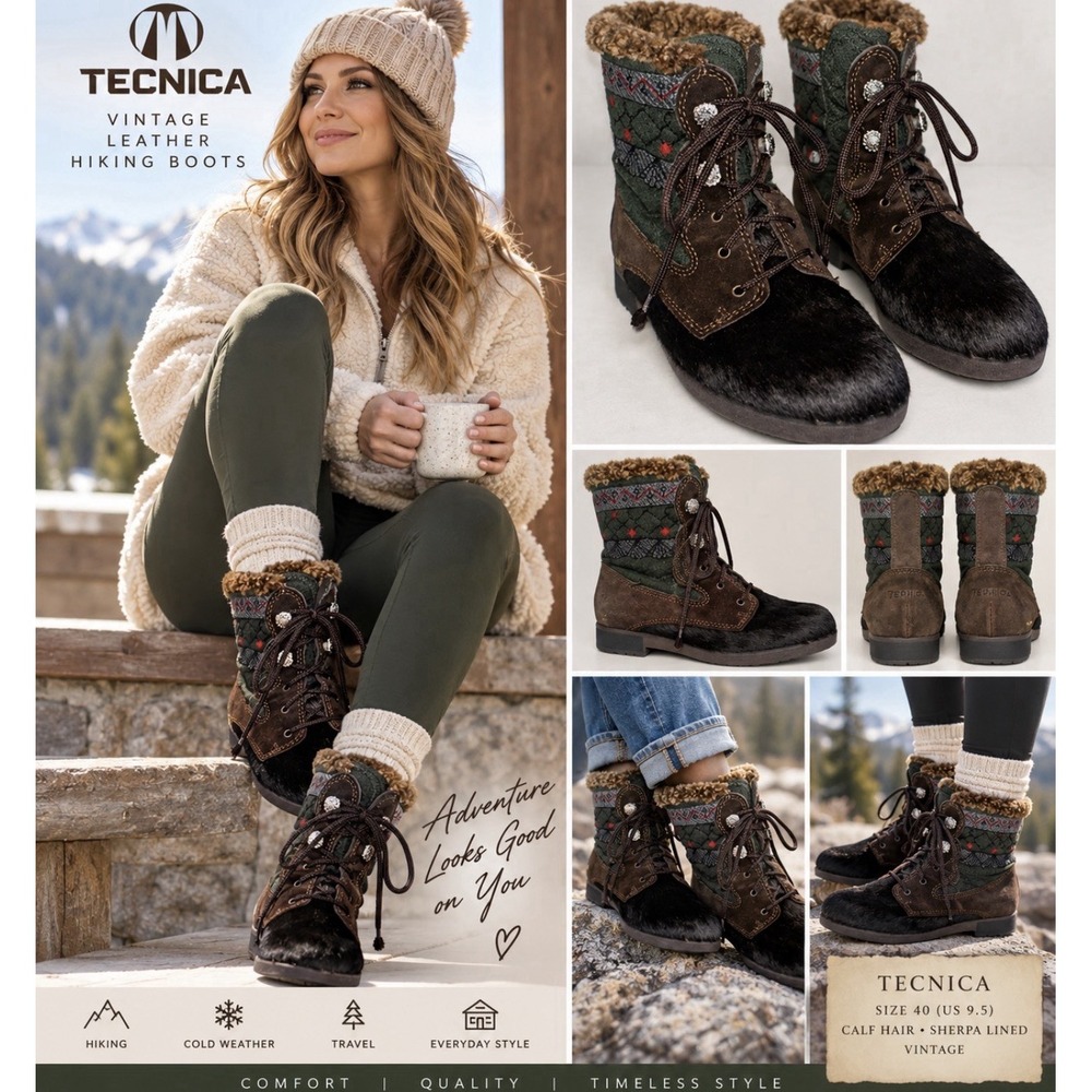 Tecnica Leather Hiking Boots Women's 40 Size 9.5 Calf Hair Sherpa Lined Vintage